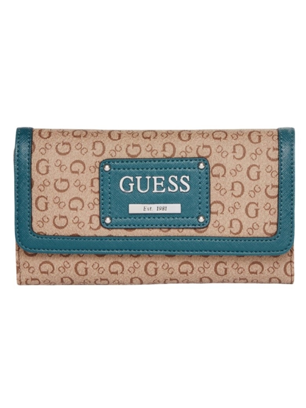 GUESS Women's Signature Canvas Wallet in Teal and Beige Clutch Purse